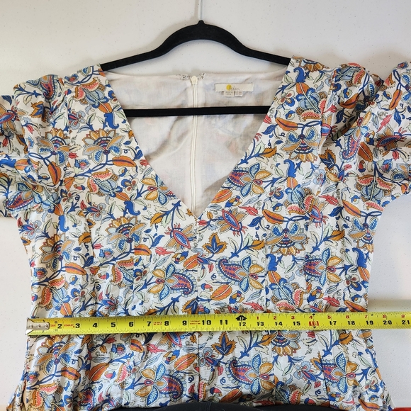 Boden Linen Blend Midi Dress Puff Sleeve A-Line Floral Boho Print V-Neck Size 14 - Picture 14 of 16